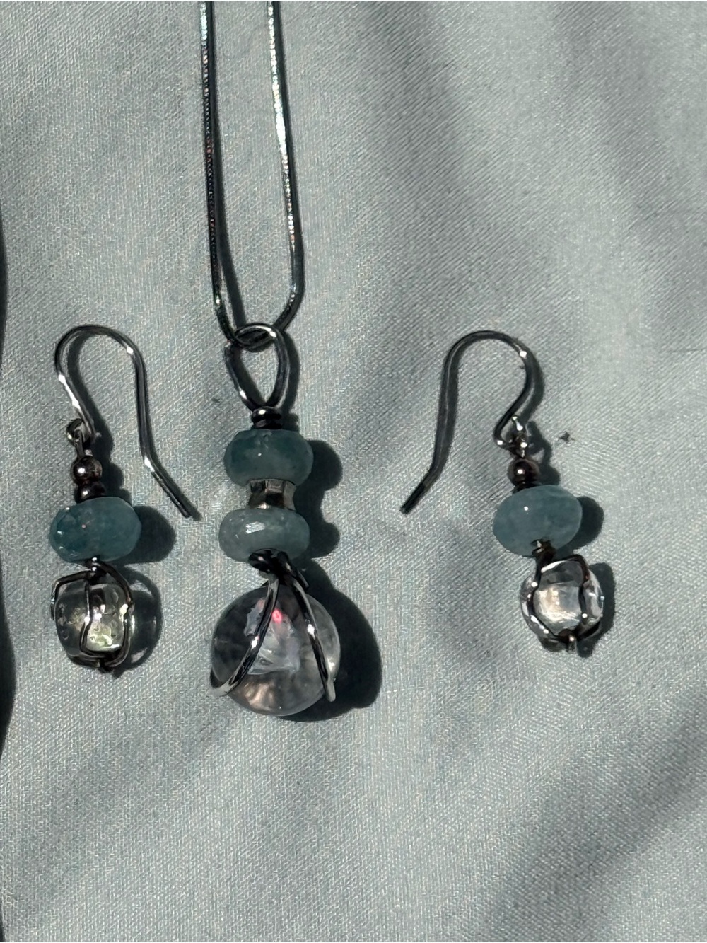 Opal and Aquamarine Necklace & Earring Set in Sterling Silver- Handmade!